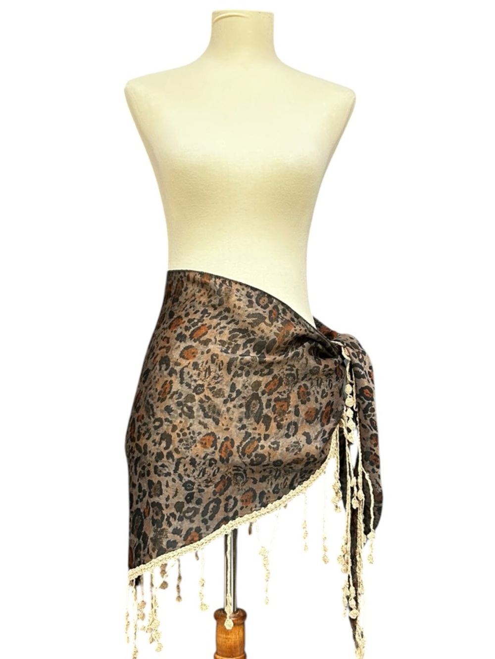 Leopard-Print Fringe Wrap Sarong Brown and Cream Crochet Fringe Scarf Wrap